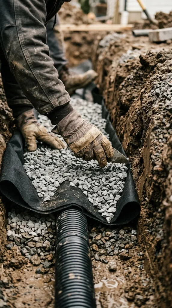 Darbuotojas kloja skaldą ir geotekstilę į drenažo tranšėją