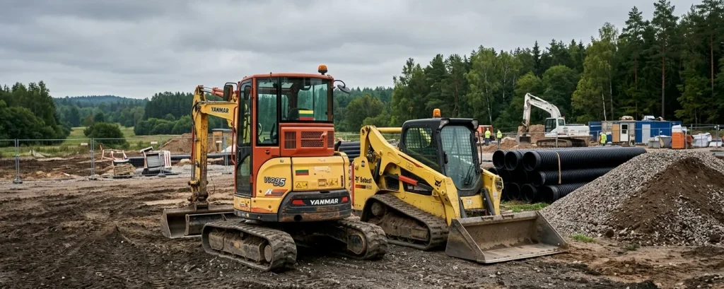 Mini ekskavatorius ir bobcat technika statybos aikštelėje