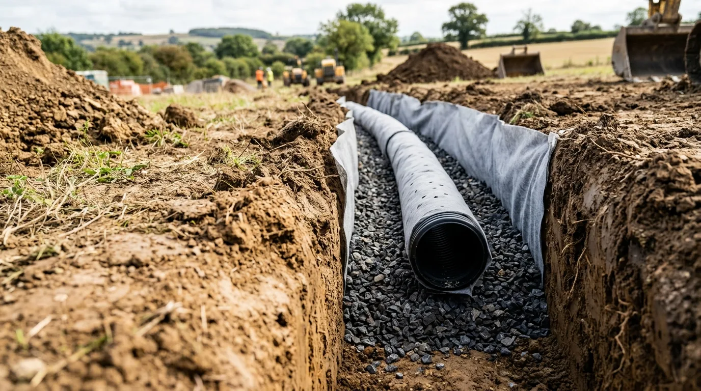 Drenažo tranšėjos pjūvis su vamzdžiu, skalda ir geotekstile