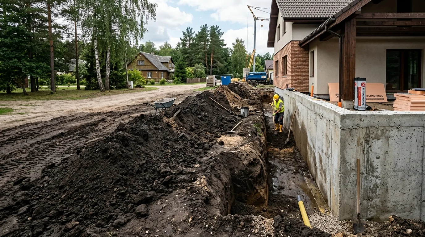 Atkasta tranšėja palei namo pamatų sieną