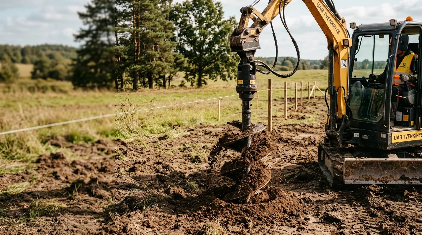 Ekskavatoriaus grąžtas gręžia skylę tvoros stulpui