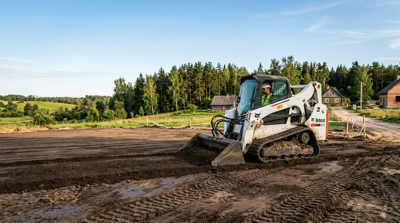 Bobcat krautuvas lygina gruntą tuščiame statybos sklype